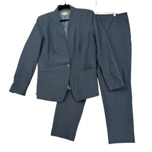 Loft Outlet Womens Blue Micro Check 2 Piece Pant Suit Blazer Trousers Size 12
